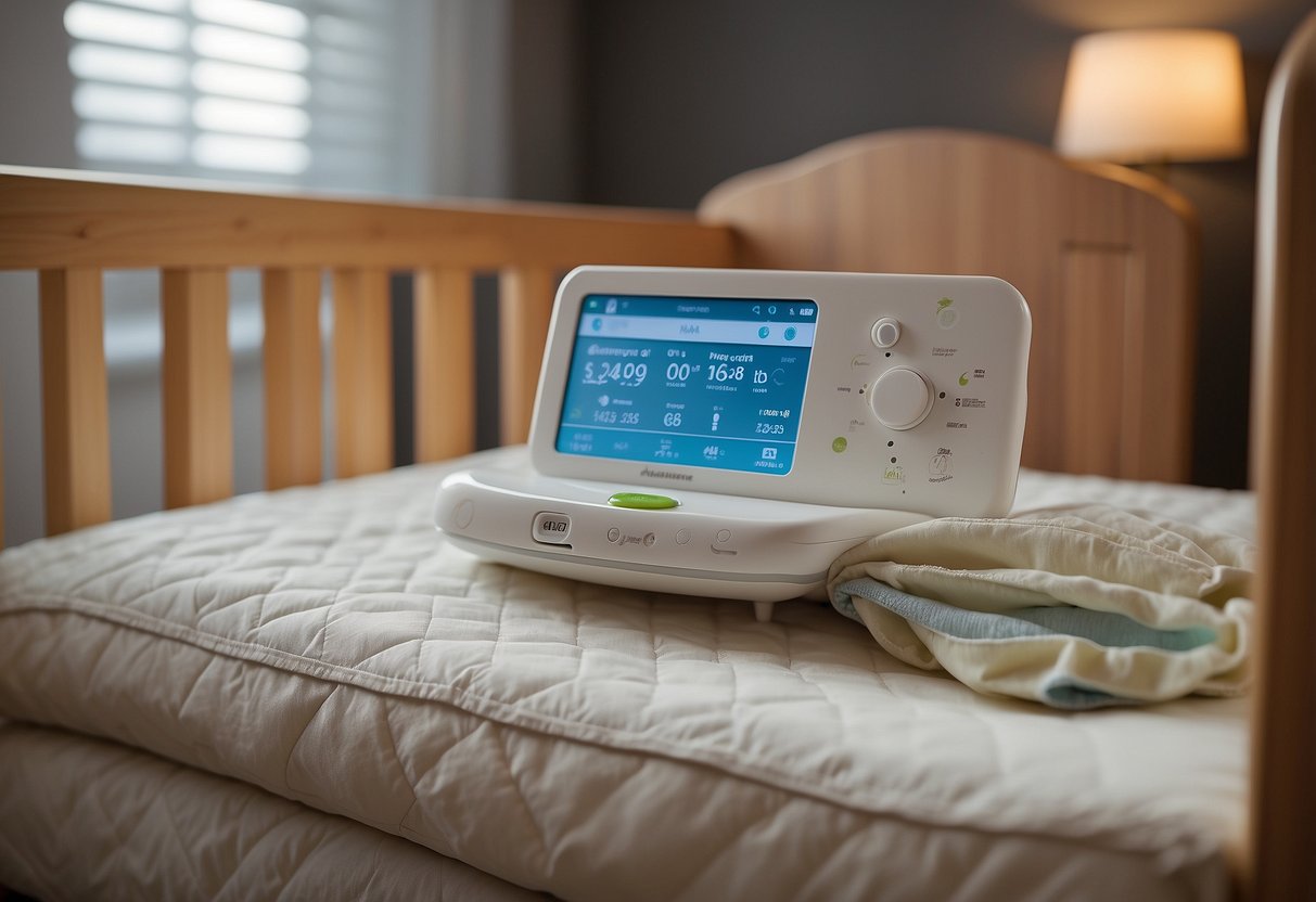 A baby's crib with soft bedding, a pacifier, and a mobile. A baby monitor on the nightstand. Outlet covers and cabinet locks visible