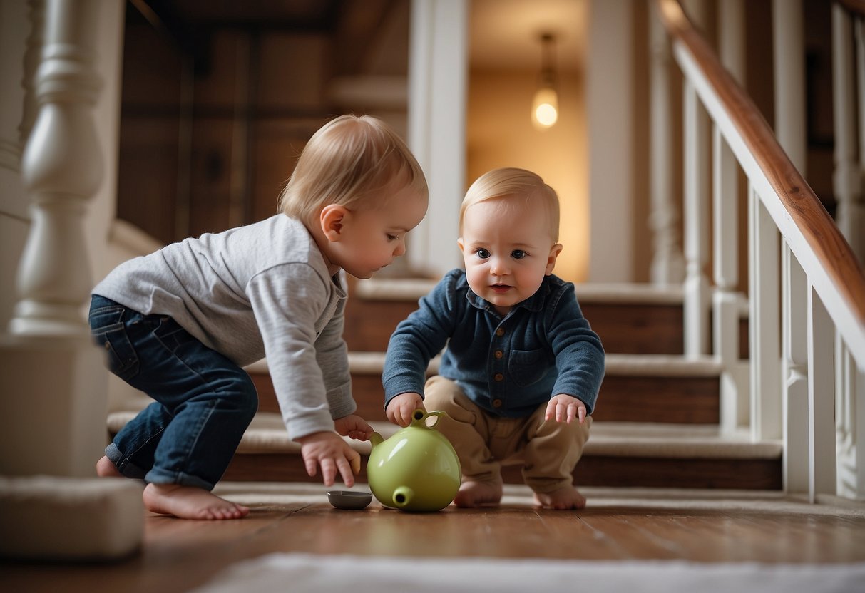 A baby crawling towards an open staircase, electrical outlet, sharp object, unsecured furniture, and unattended hot drink