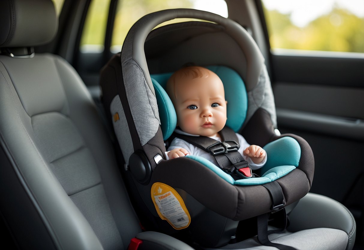 A car seat facing backward in a vehicle, securely fastened with a newborn-sized doll strapped in, with a clear view of the safety harness and proper positioning