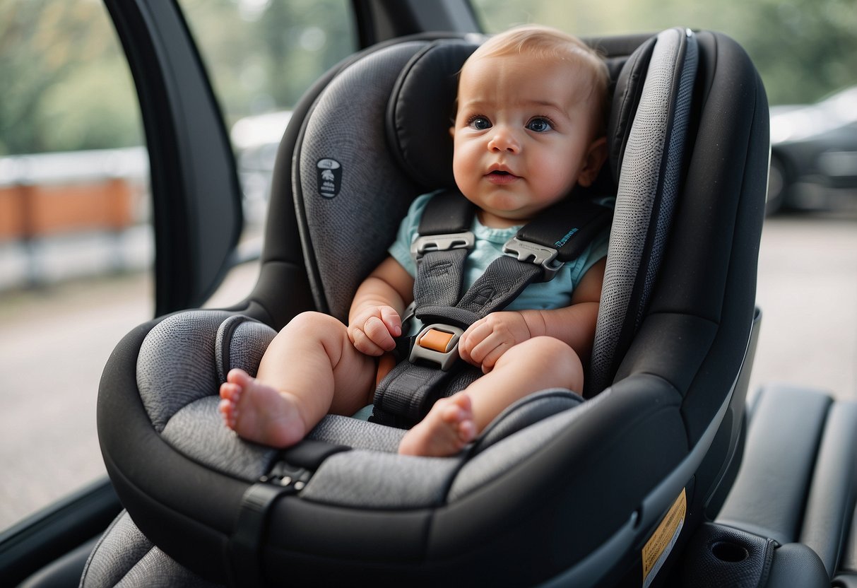 A baby car seat with a secure harness, no bulky clothing, and 8 safety tips visible