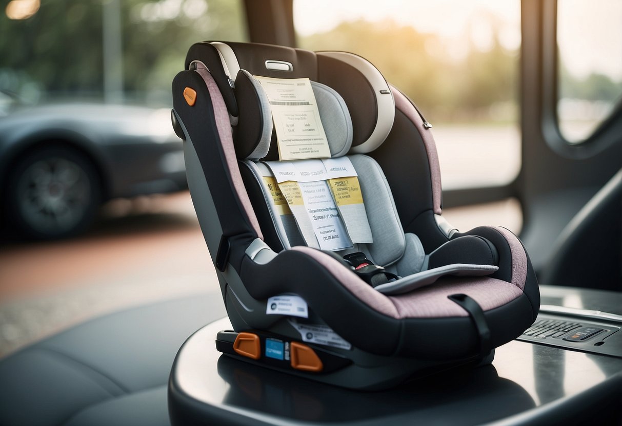 A car seat with a registration card and safety tips pamphlet on a clean, well-lit surface