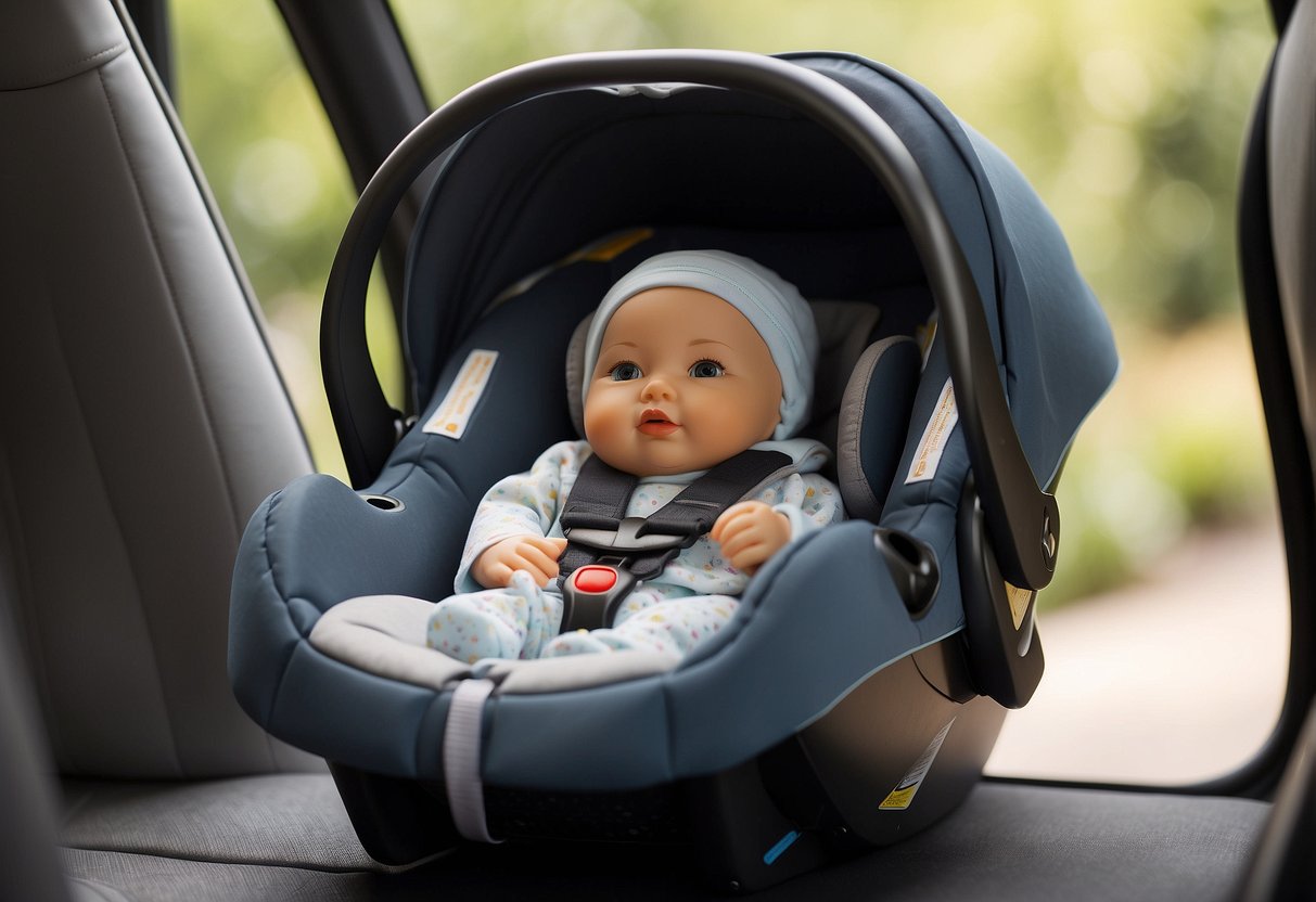 A car seat with adjustable straps, a sturdy base, and clear instructions. A newborn doll securely fastened in the seat. An adult demonstrating proper installation and safety measures