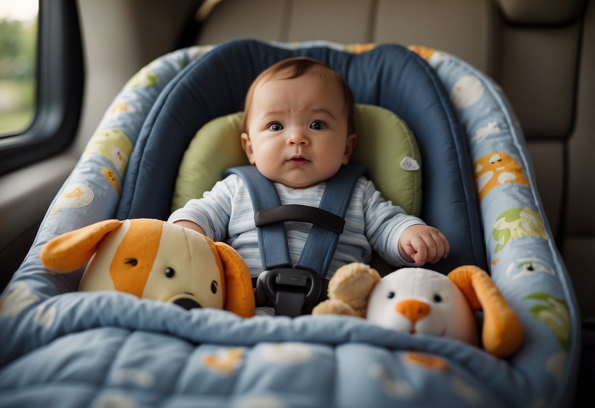 A baby surrounded by common safety hazards: loose bedding, crib bumpers, soft toys, incorrect car seat usage, and unsafe sleep positions