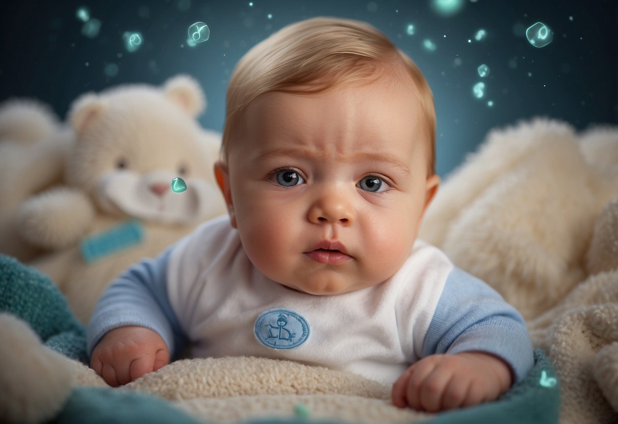 A baby surrounded by various illness-causing germs, with a breastfeeding symbol above, debunking the myth of breastfeeding preventing all illnesses