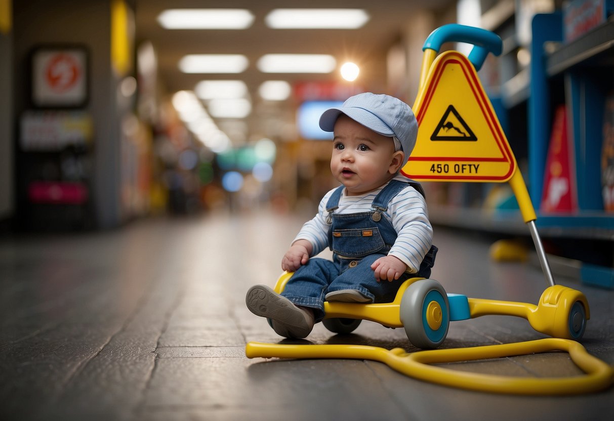 A baby walker sits unused in a corner, surrounded by warning signs and safety information. The myth is debunked in bold letters