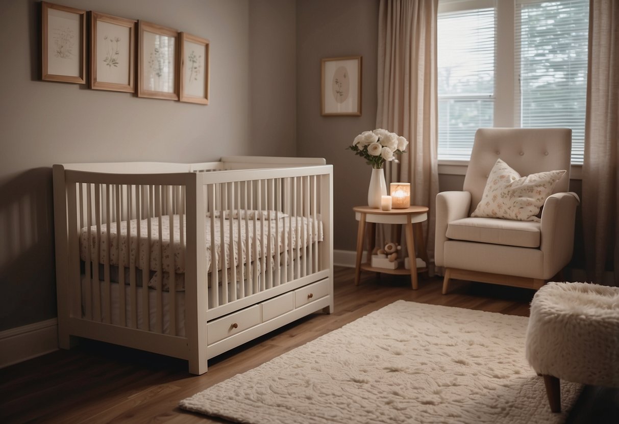 A cozy nursery with soft lighting, a secure crib, and baby-proofed furniture. Outlet covers, cabinet locks, and safety gates ensure a hazard-free space