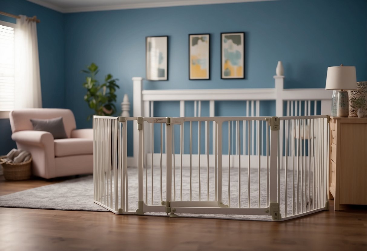 Heavy furniture anchored to walls in a baby-proofed room. Safety gates, outlet covers, and soft padding on sharp corners