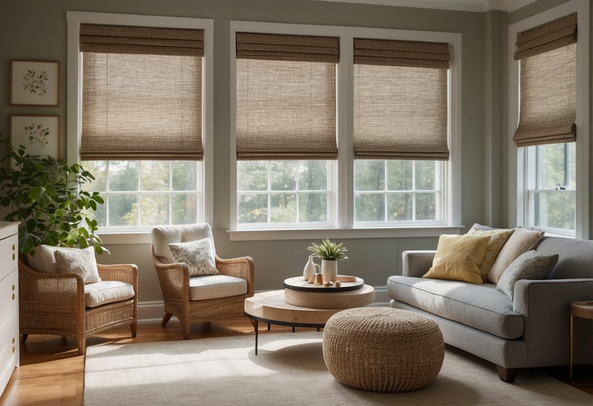 Cordless window coverings are installed in a nursery, with soft natural light filtering through. The room is decorated with soothing colors and baby-friendly furniture