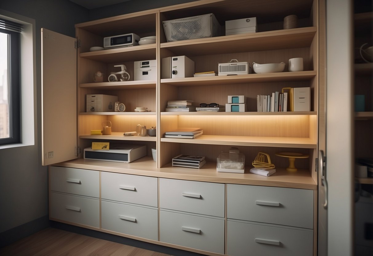 A baby-proofed room with high shelves, locked cabinets, and secured drawers. No small objects within reach. Safe outlets and padded corners