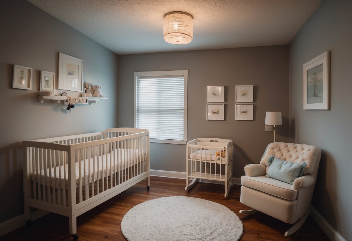 A cozy nursery with cribs and changing table. Smoke and carbon monoxide detectors installed on the ceiling. Safe and secure environment for newborns