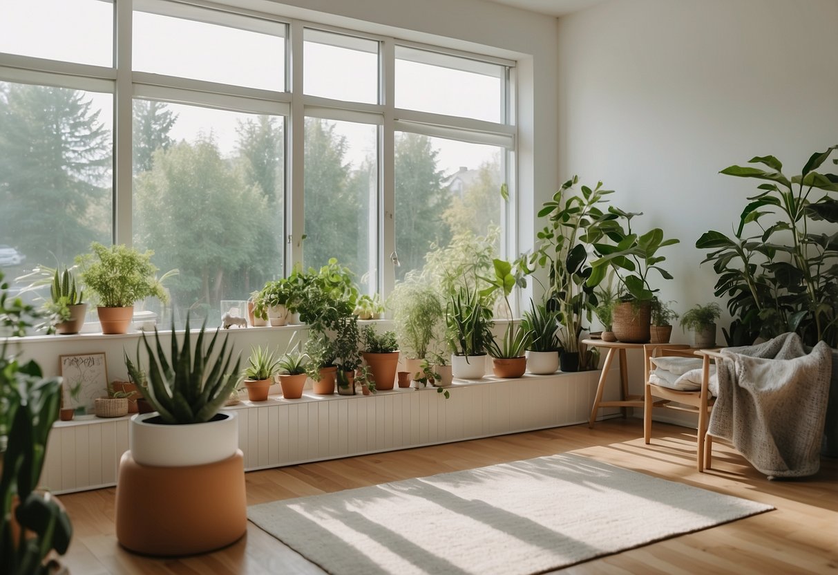 A bright and airy nursery with open windows, plants, and an air purifier. Clean surfaces, no smoking, and no strong scents. Safe, non-toxic materials and baby-friendly cleaning products