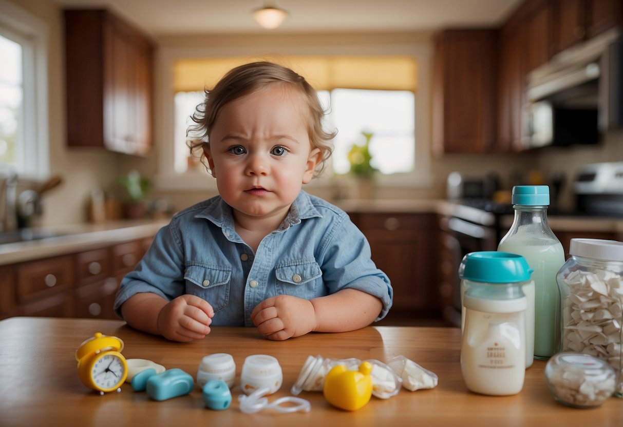 A cluttered kitchen counter with baby bottles, diapers, a timer, and a notepad with parenting tips. A frazzled parent looks at a clock