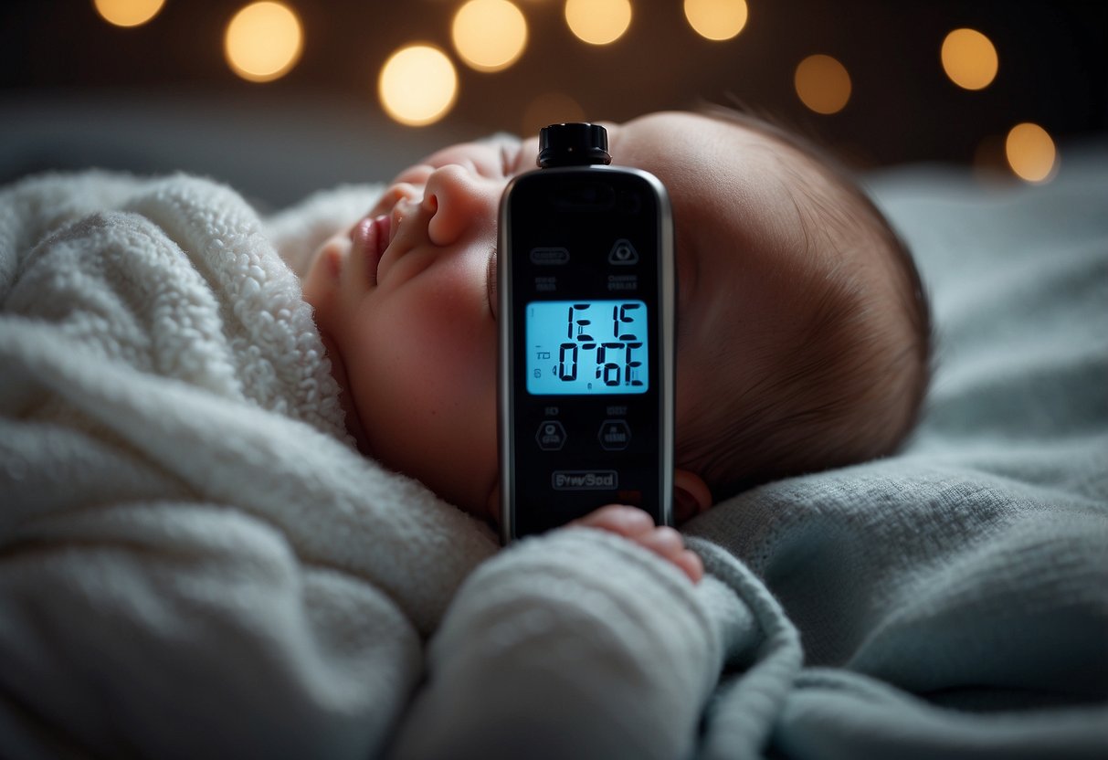 A newborn baby peacefully feeding from a bottle while a timer sits nearby, representing efficient feeding strategies for parents