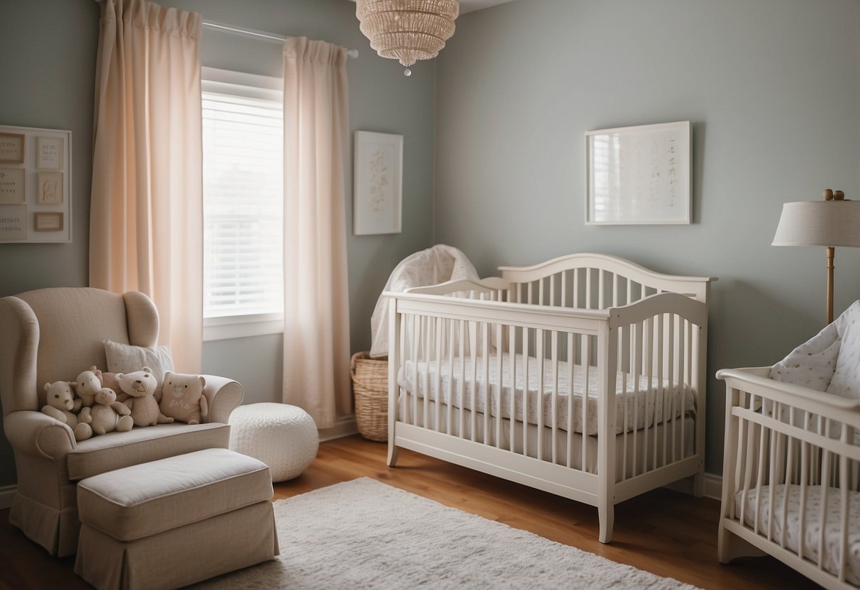 A cozy nursery with a crib, rocking chair, and changing table. Soft lighting and soothing colors create a calm atmosphere. Baby essentials like diapers, wipes, and bottles are neatly organized