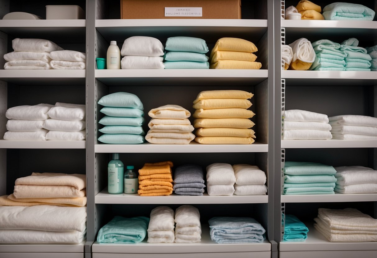 A shelf filled with neatly organized packages of diapers, wipes, and other baby essentials. A checklist of "7 Tips for Surviving the First Month with a Newborn" pinned to the wall