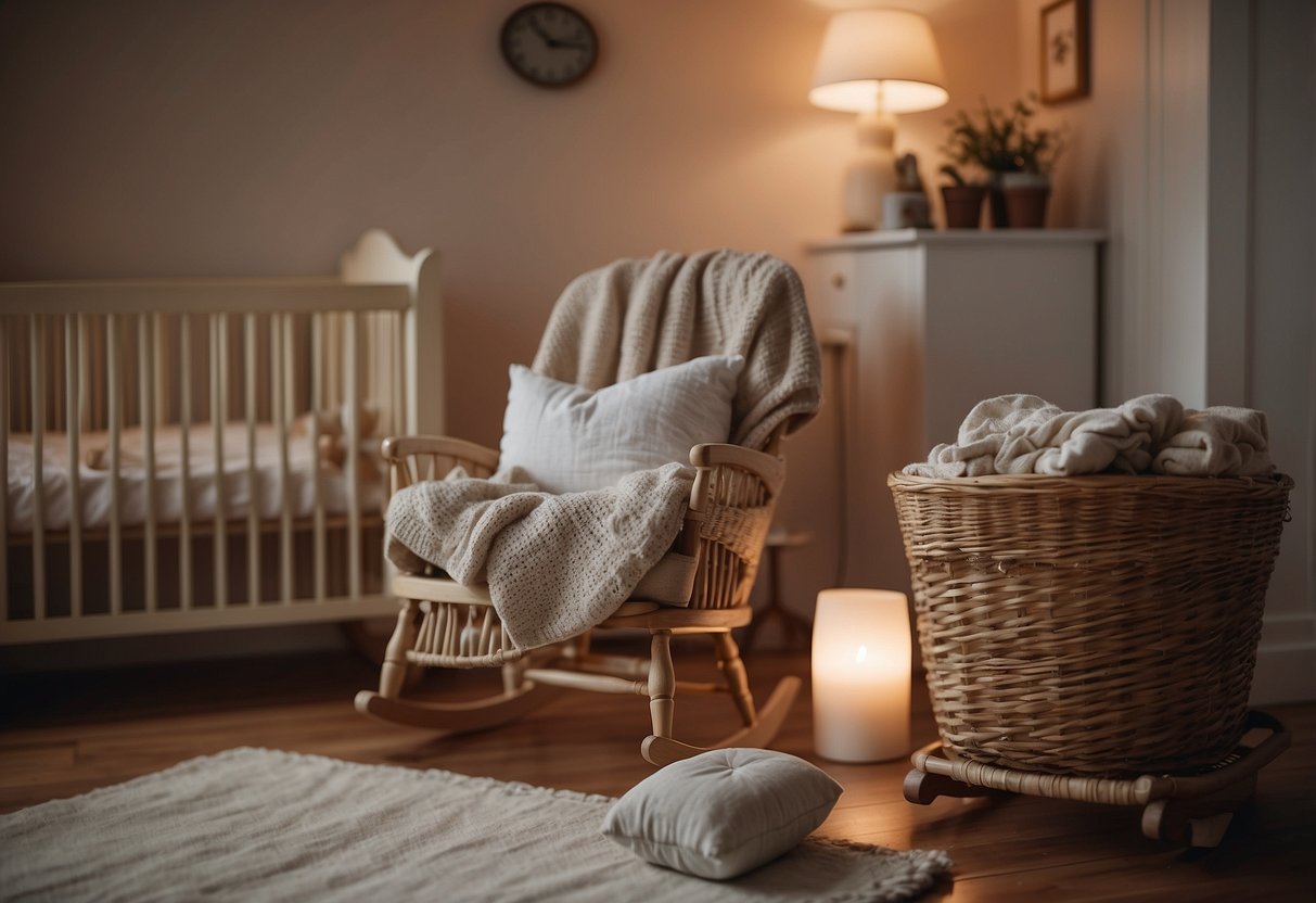 A cozy nursery with soft lighting, a rocking chair, and a crib. A soothing sound machine plays in the background. A basket of essential oils and a journal for self-reflection sit on a nearby table