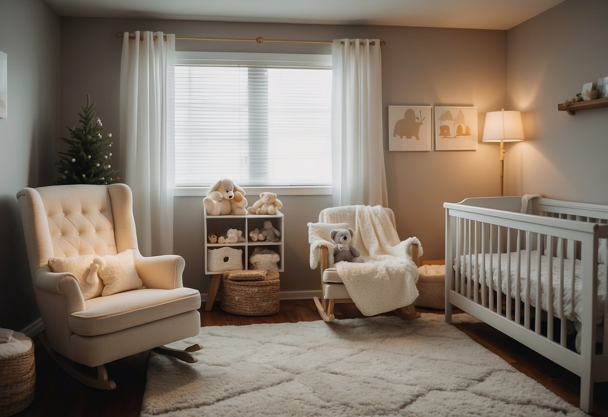 A cozy nursery with a rocking chair, diaper changing station, and soft lighting. A crib with a mobile hangs in the corner. A calendar on the wall marks the first month