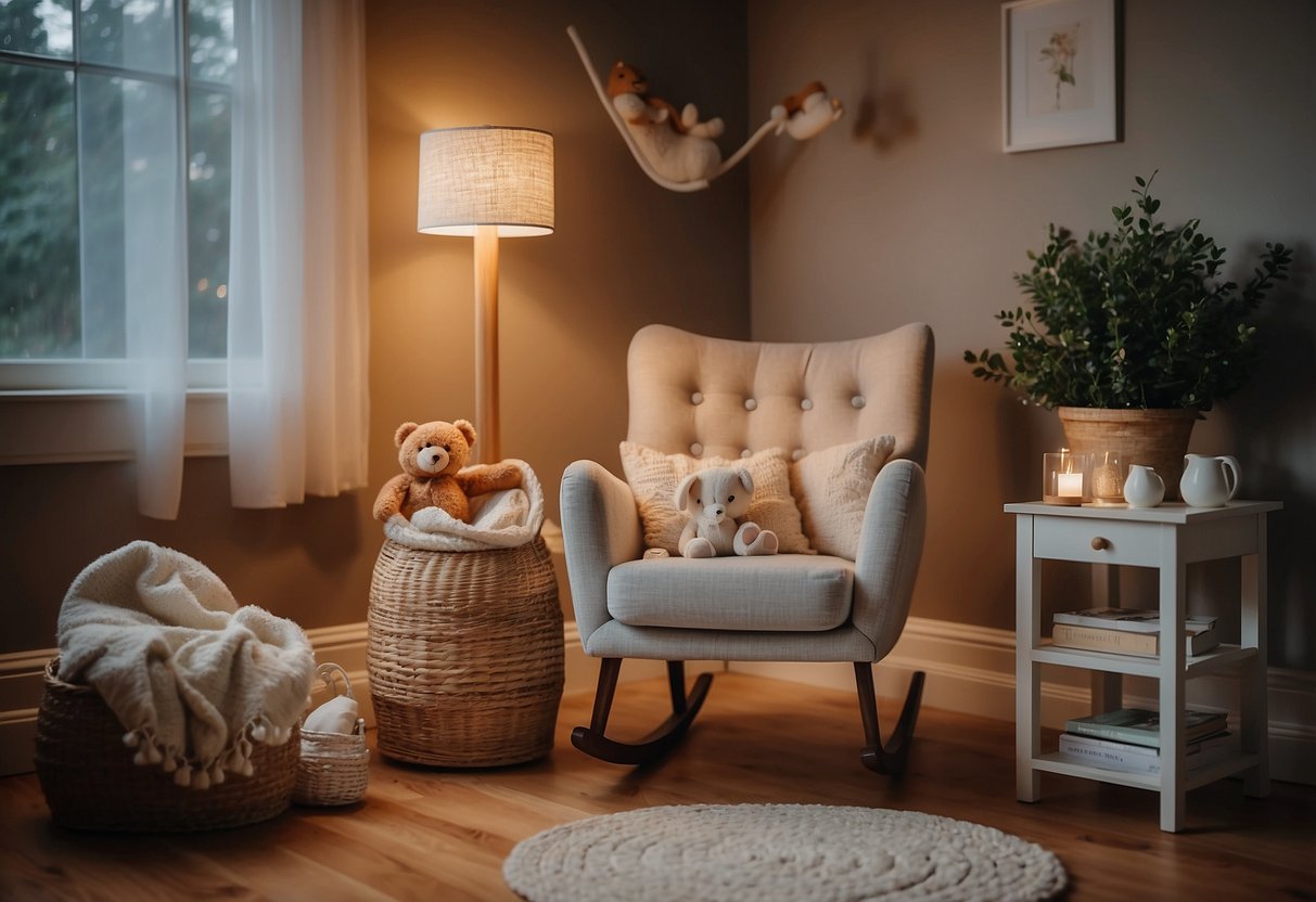 A cozy nursery with a rocking chair, soft blankets, and a soothing mobile. A basket of essentials sits nearby, and a warm glow fills the room from a soft lamp