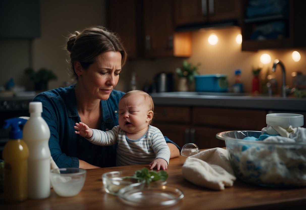 A tired parent struggles with a crying baby at 3 am, surrounded by dirty bottles, piles of laundry, and a sink full of dishes