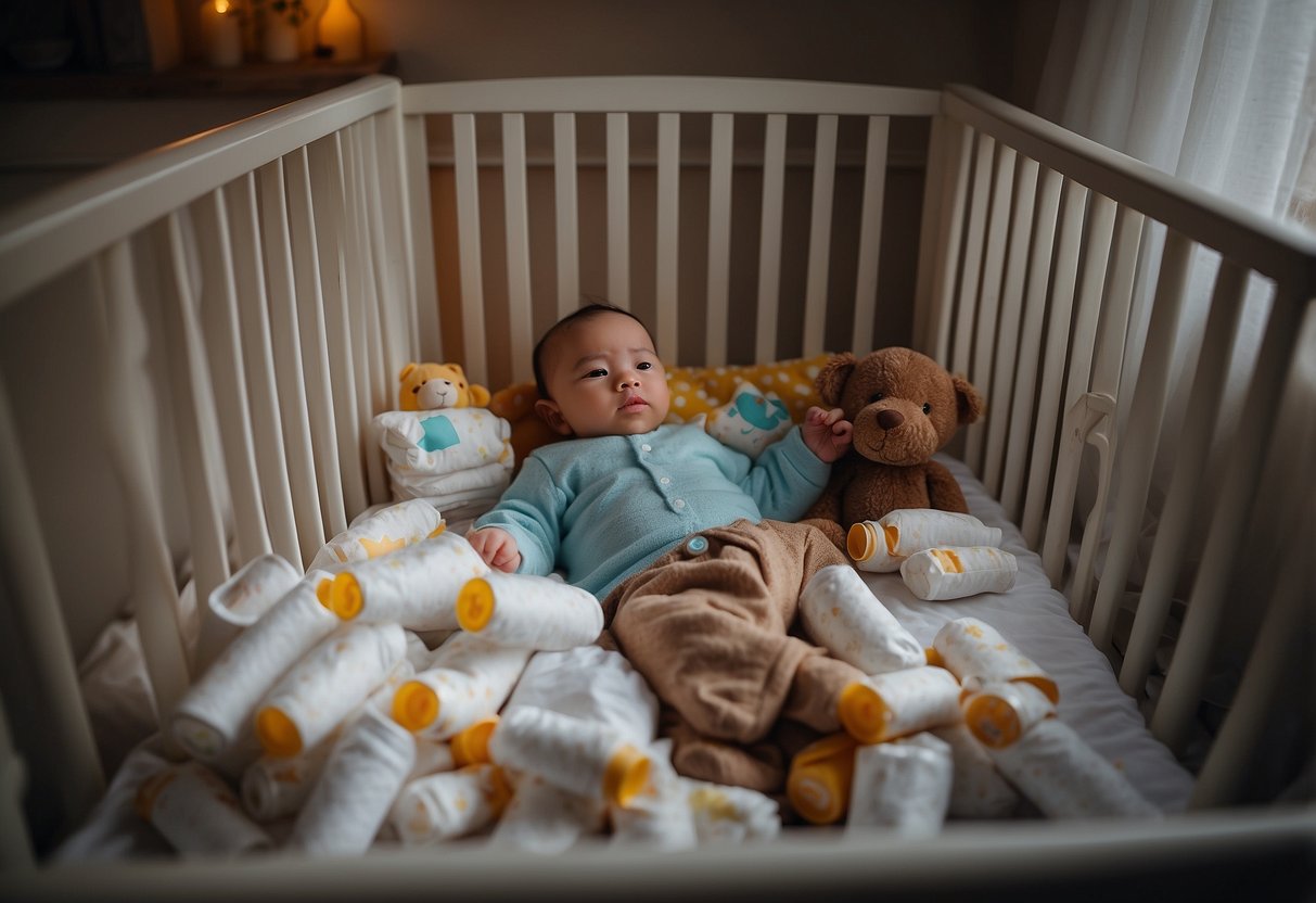 A baby crib surrounded by scattered diapers, a half-empty bottle, and a tired parent's coffee mug. Dark circles under their eyes convey exhaustion