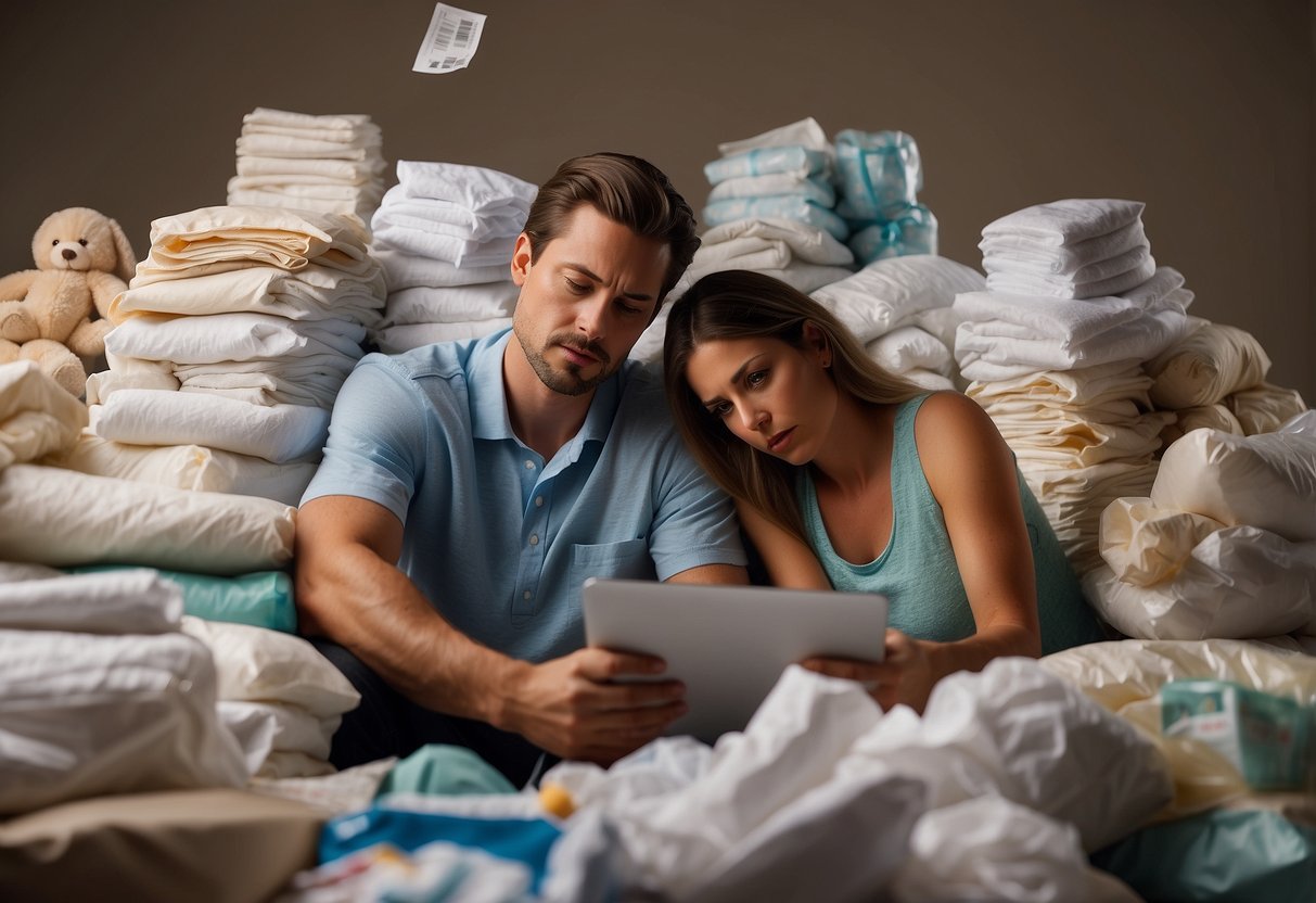 A couple looks at a pile of bills with worried expressions, surrounded by baby items like diapers and formula. They seem overwhelmed by the unexpected expenses of newborn parenting