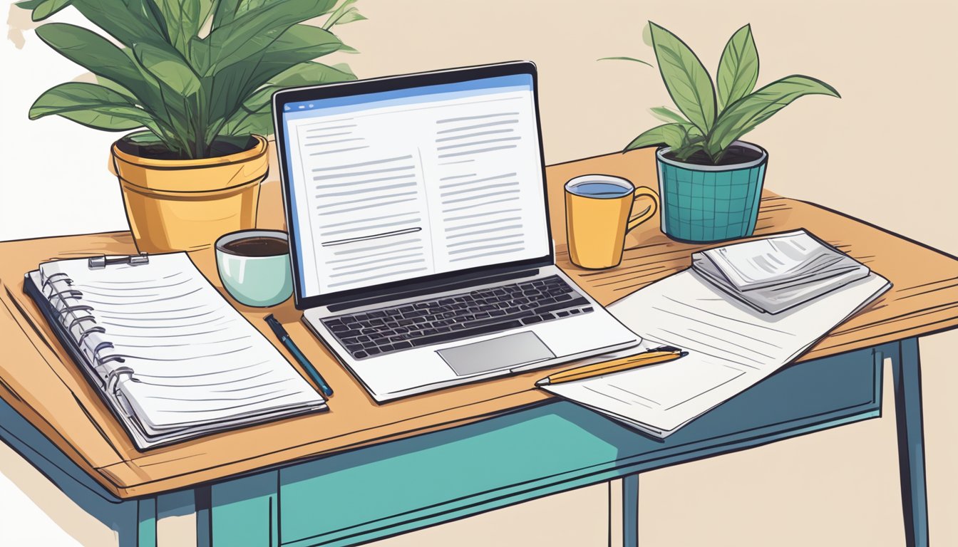 A desk with a laptop, pen, and a neatly written cover letter on top, surrounded by a cup of coffee and a potted plant