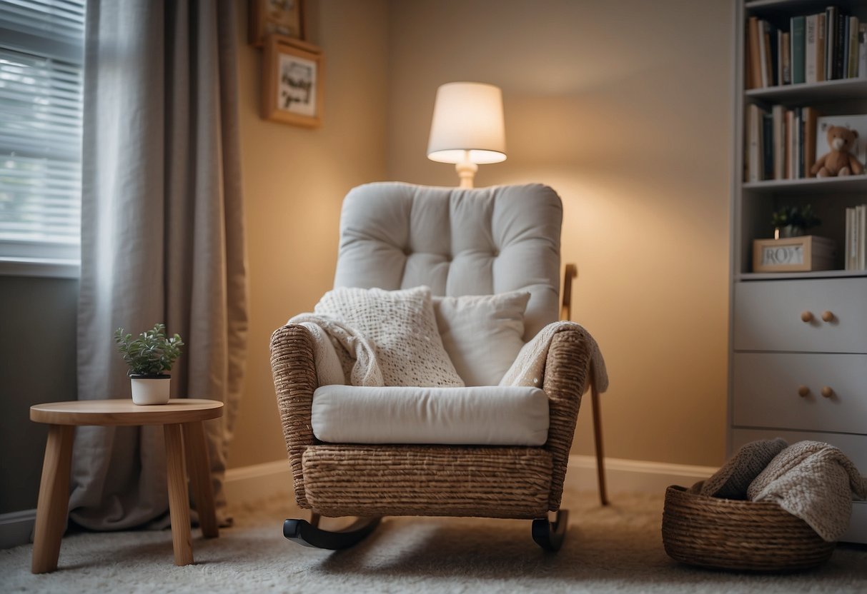 A peaceful nursery with soft lighting and a rocking chair. A white noise machine hums in the background. A stack of books on parenting sits nearby