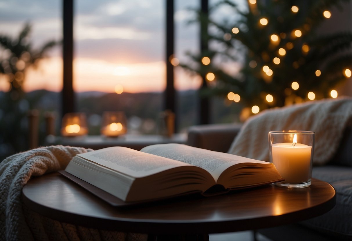 A peaceful room with soft lighting, a comfortable chair, and a cozy blanket. A table holds a scented candle and a journal. In the background, calming music plays softly