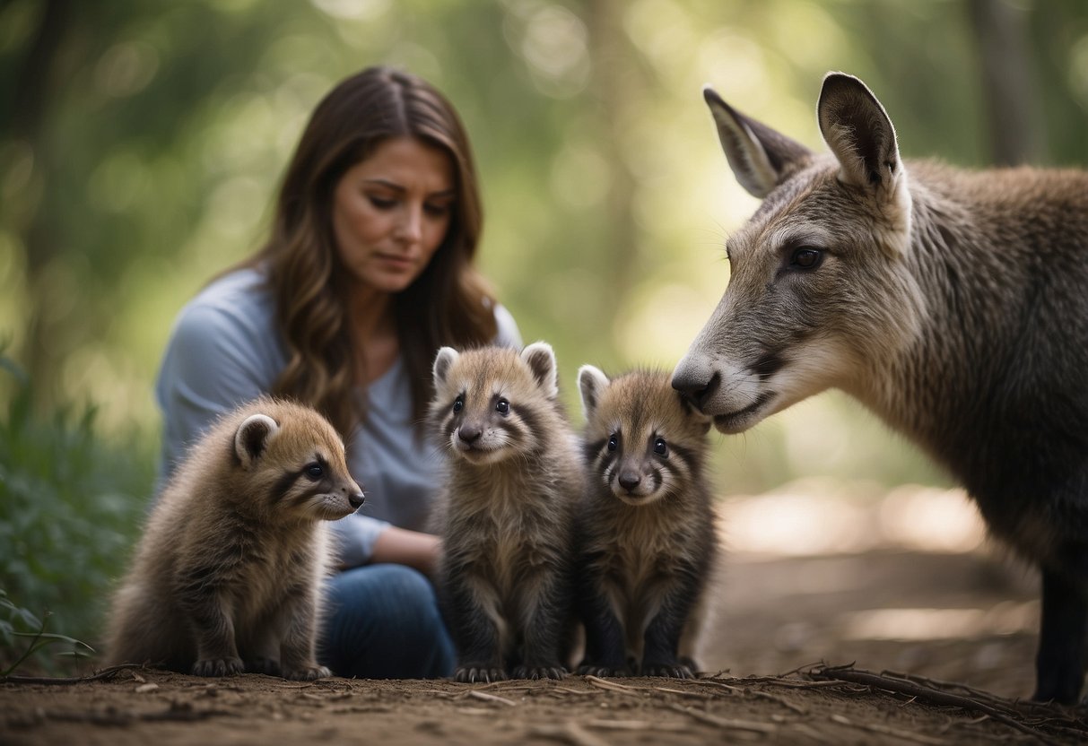 A group of animals gather around a new mother, offering support and assistance as she navigates the challenges of caring for her newborn