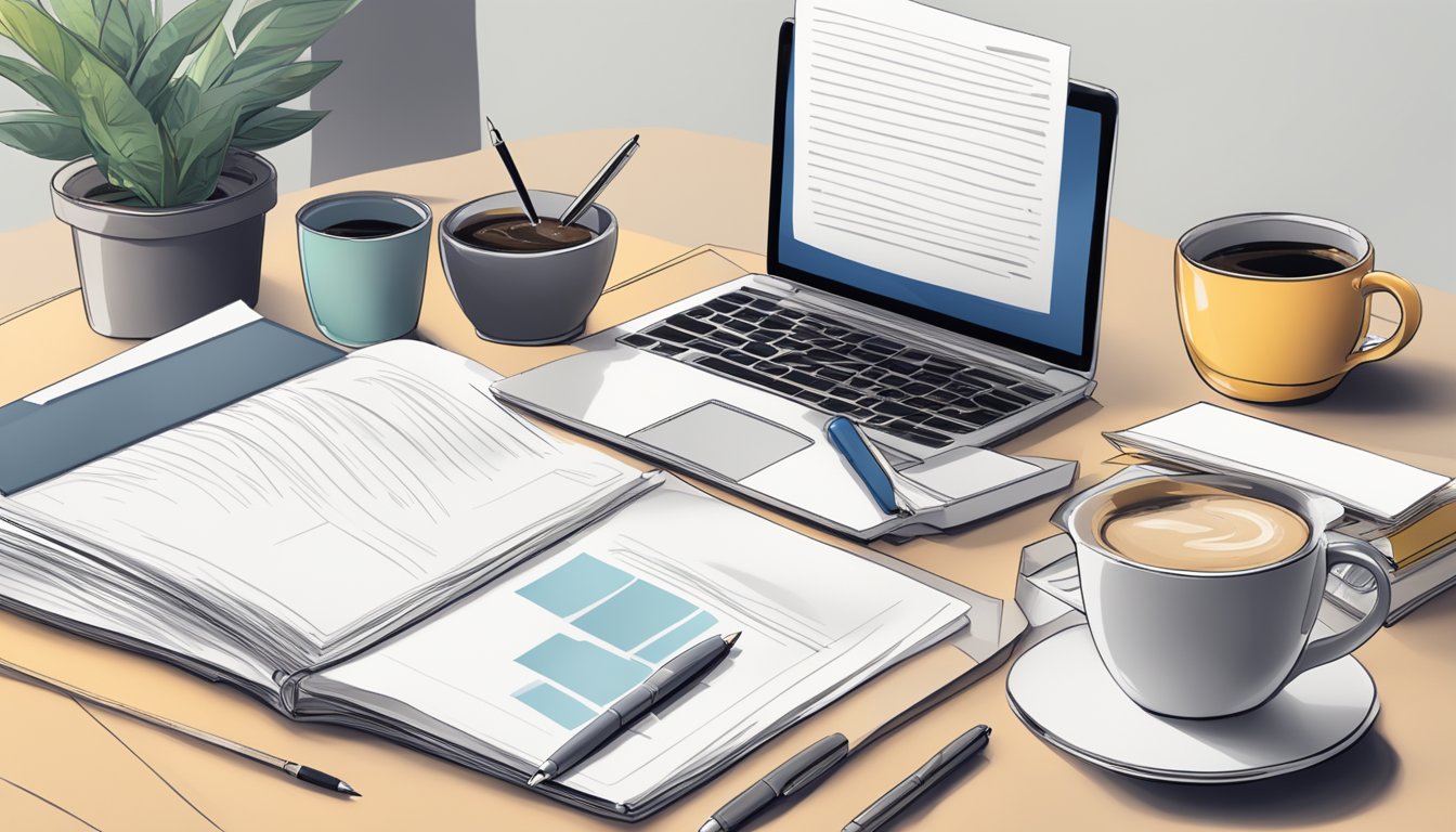 A desk with a laptop, a stack of resumes, and a handwritten cover letter. A pen and a cup of coffee sit nearby