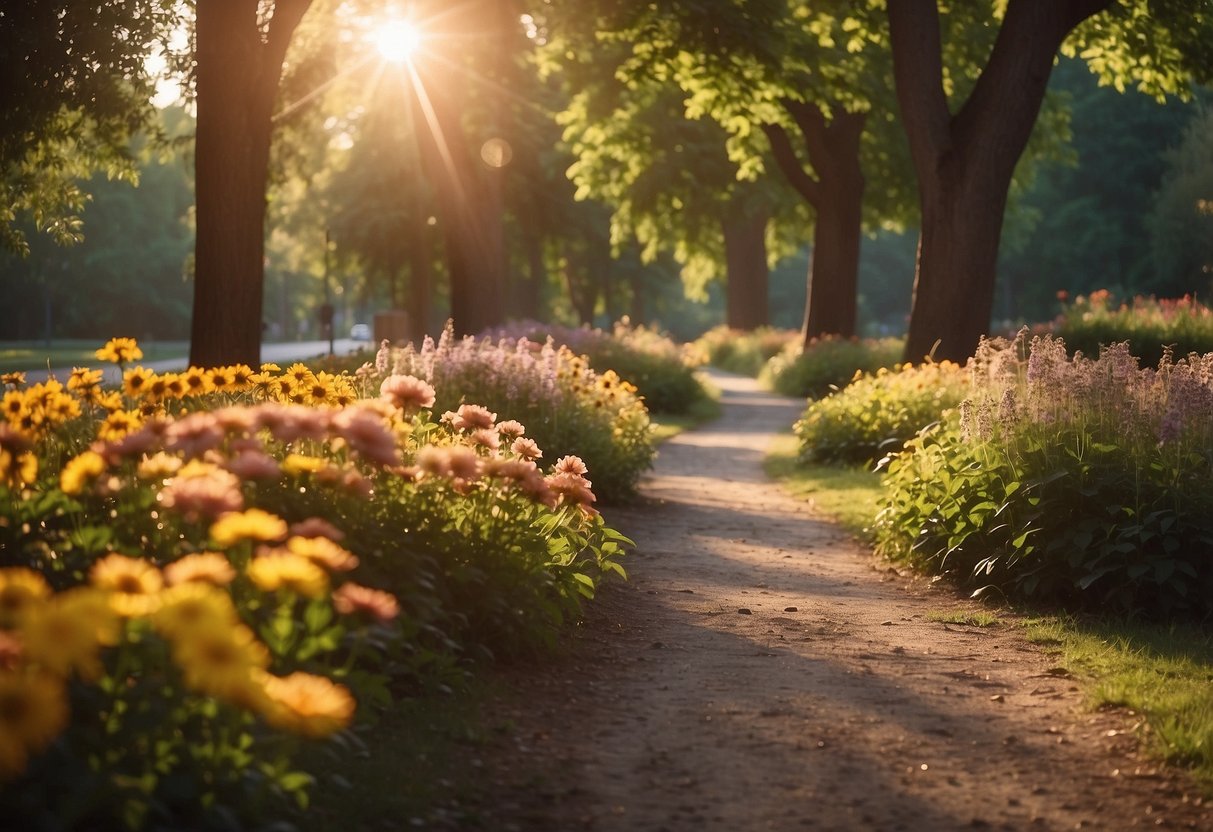 A serene path winds through a peaceful park, surrounded by colorful flowers and tall trees. The sun casts a warm glow, creating a tranquil atmosphere