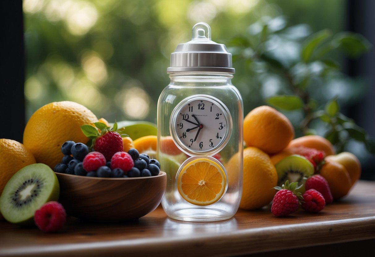 A baby bottle surrounded by water, fruits, and a calming environment. A clock showing nap times, a supportive partner, and self-care items