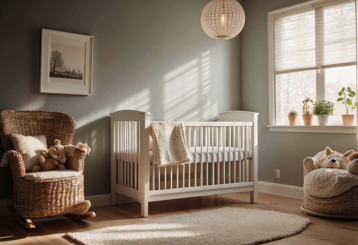 A cozy nursery with a sleeping baby in a crib, soft sunlight streaming through the window. A rocking chair and a side table with a book and a cup of tea are nearby