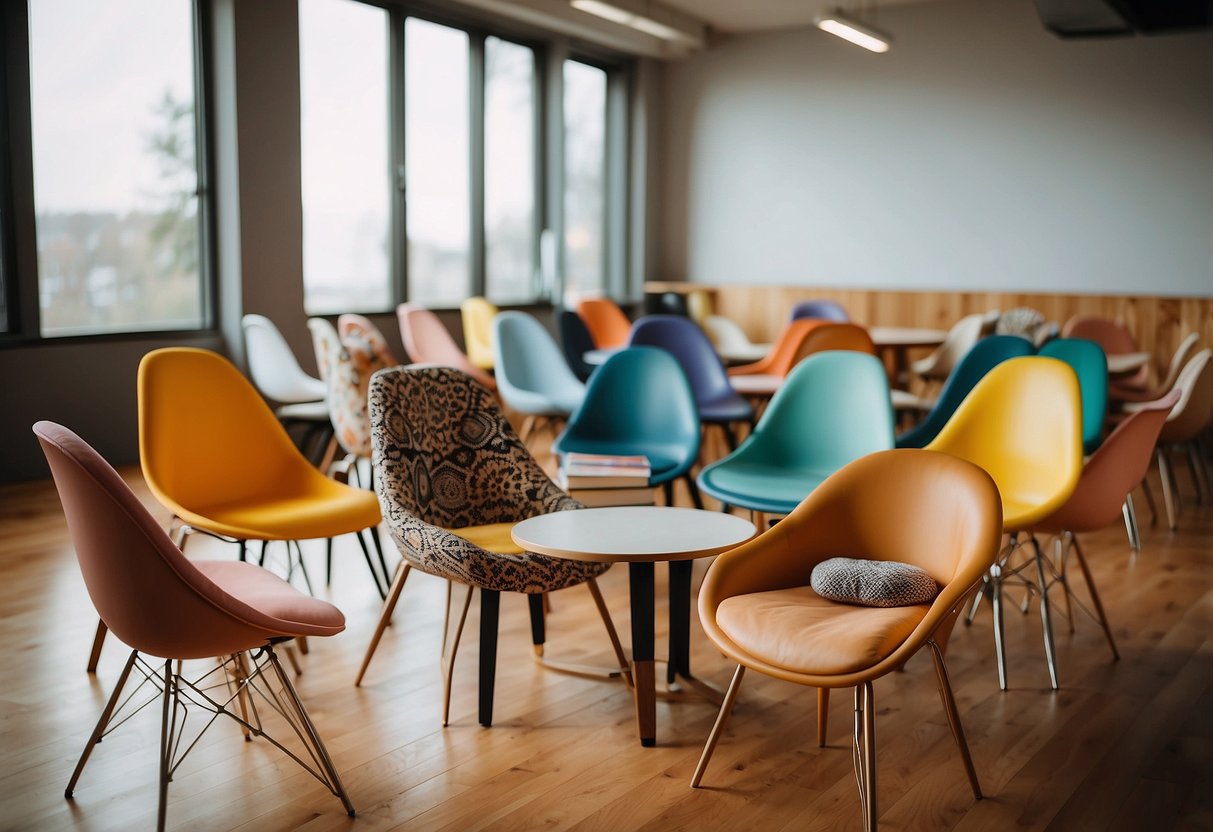 A circle of chairs with diverse patterns and colors, surrounded by soft, calming lighting. A table in the center holds a stack of books with titles like "Parenting 101" and "Self-Care for New Moms."