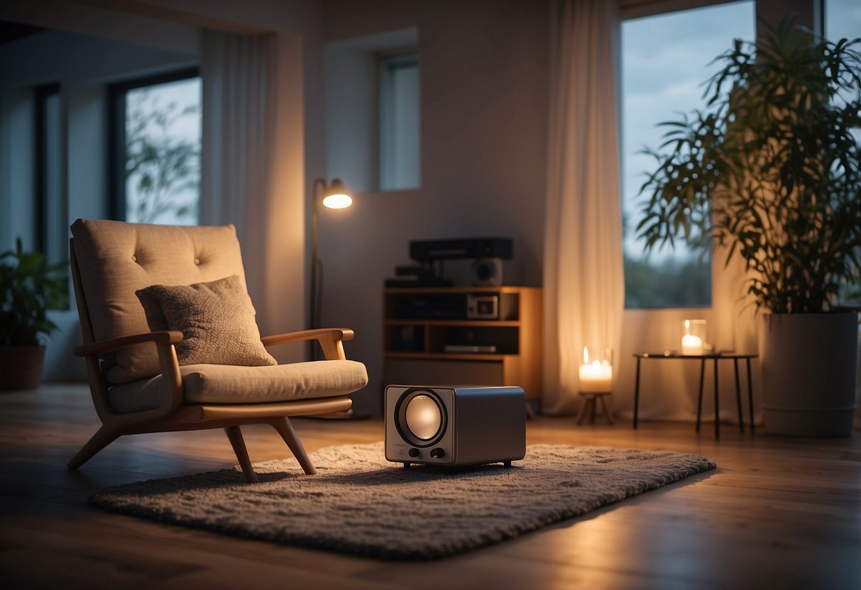 A peaceful room with soft lighting, a cozy chair, and a small speaker playing calming music