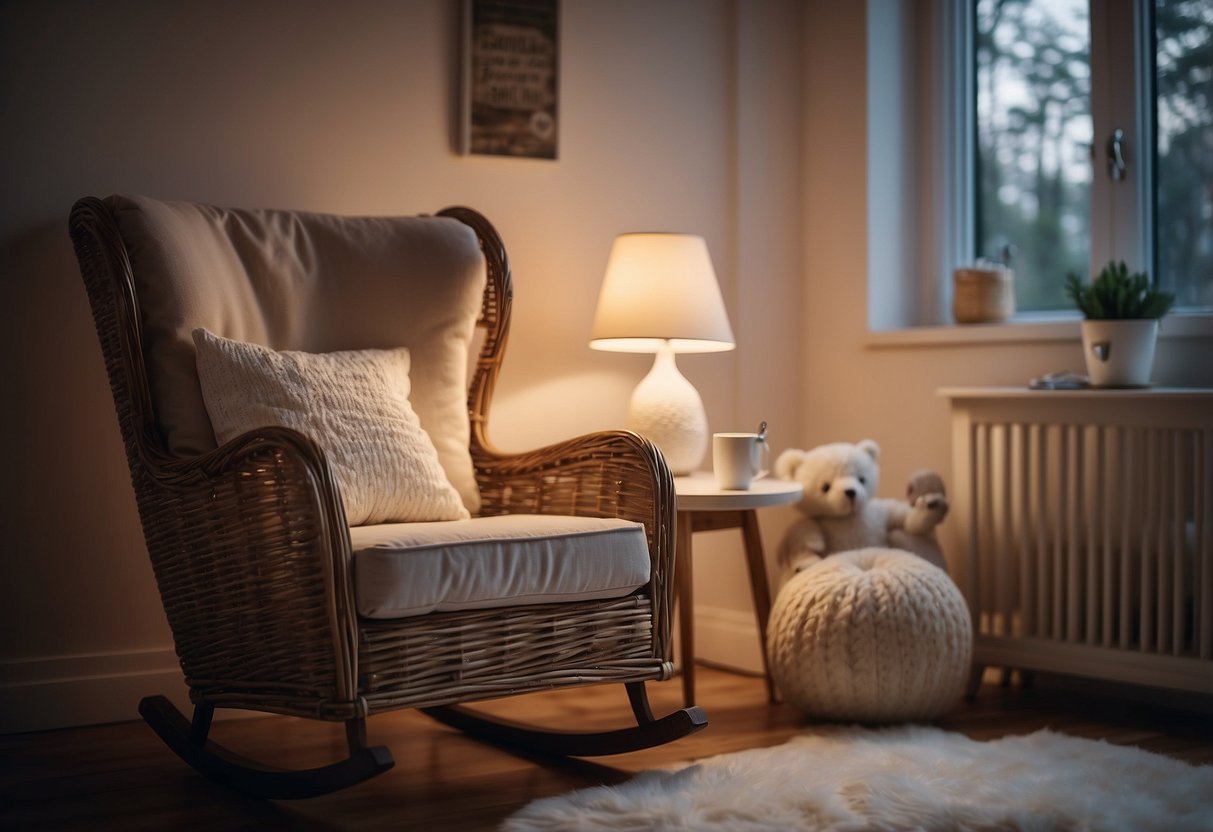 A cozy nursery with soft, dim lighting. A rocking chair and a side table with a warm cup of tea. A white noise machine hums softly in the background