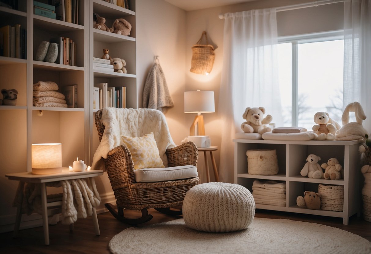 A cozy nursery with soft lighting, a comfortable rocking chair, and shelves filled with books and baby essentials. A soothing white noise machine and a warm blanket complete the serene atmosphere