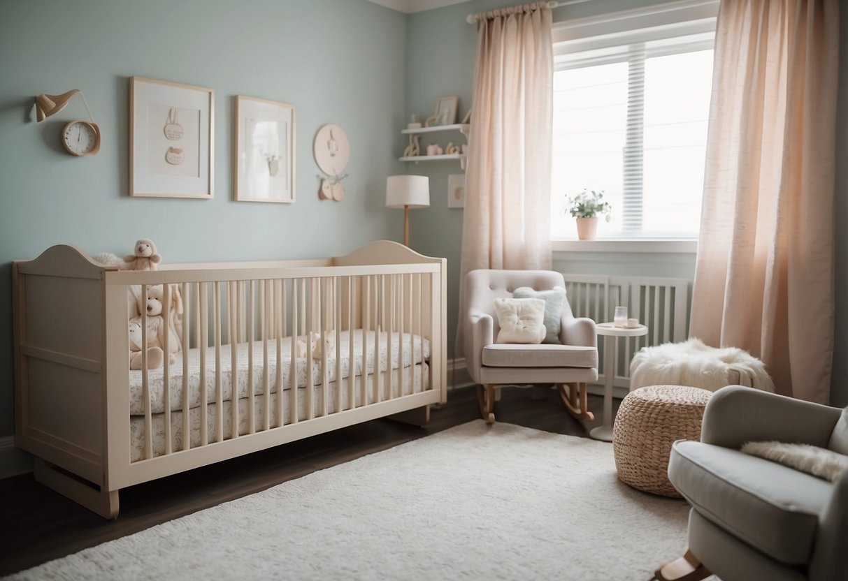 A baby nursery with a crib, changing table, and cozy rocking chair. Soft pastel colors and gentle lighting create a peaceful and nurturing environment