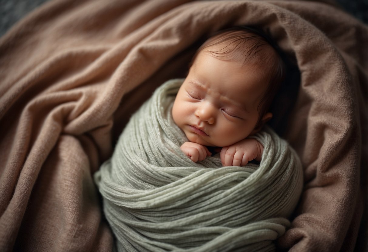 A newborn baby wrapped in a soft, cozy blanket, surrounded by gentle, loving touches and warm, soothing colors