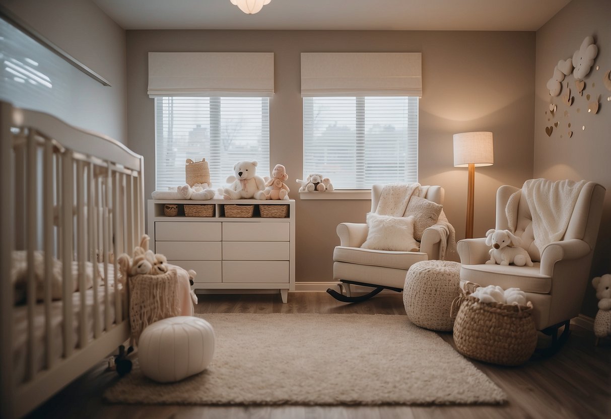 A nursery filled with soft, ambient light, with multiple white noise machines placed strategically around the room to create a calming and soothing environment for the newborn