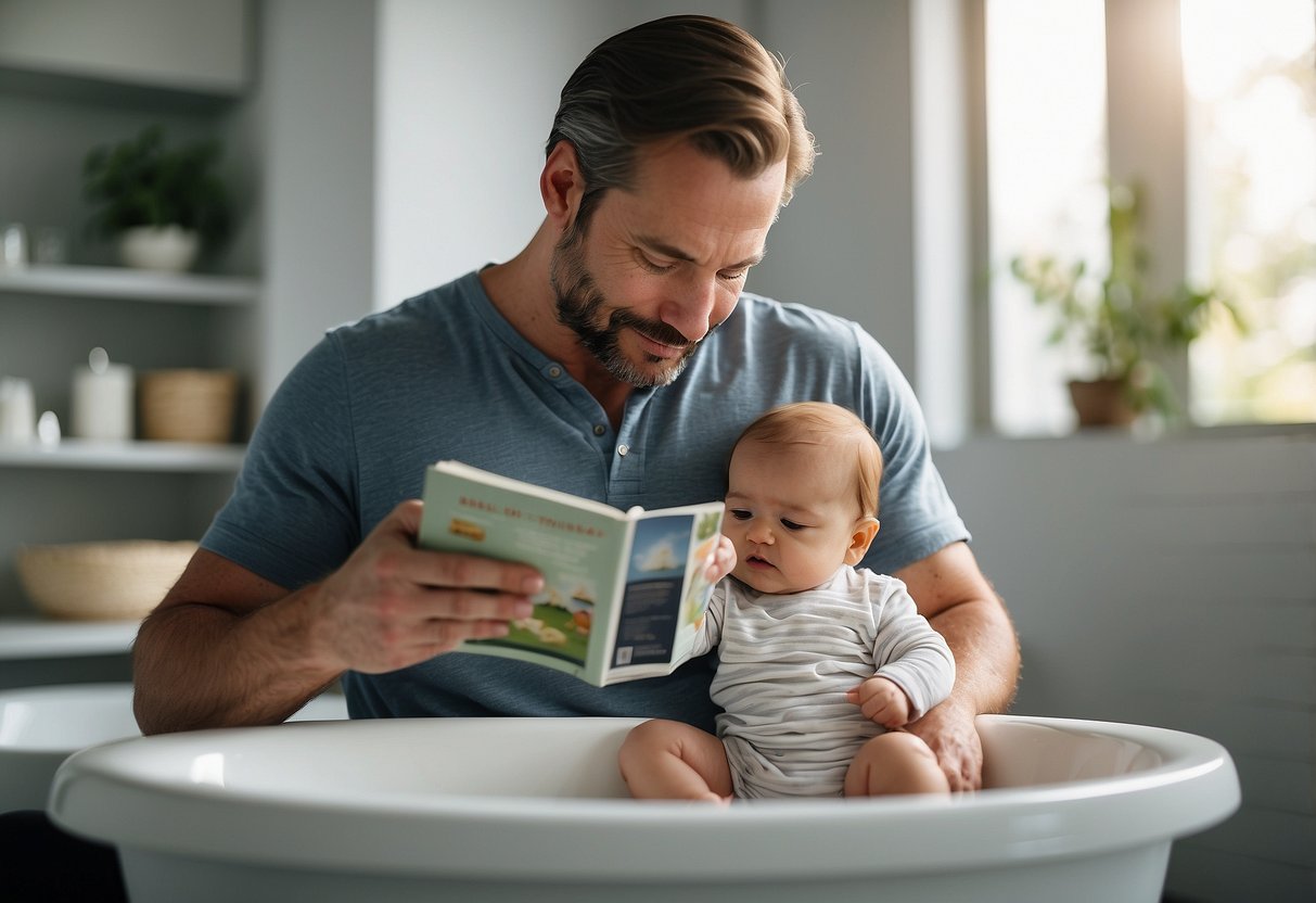 A father reading a parenting book, changing a diaper, preparing a bottle, soothing a crying baby, attending a parenting class, babywearing, and participating in bath time