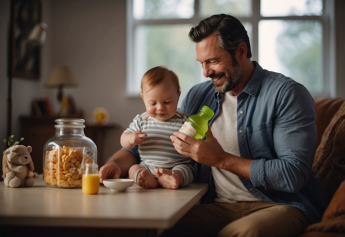 A father holds a bottle to feed a newborn, making eye contact and smiling. Toys and books are scattered around, creating a cozy and nurturing environment