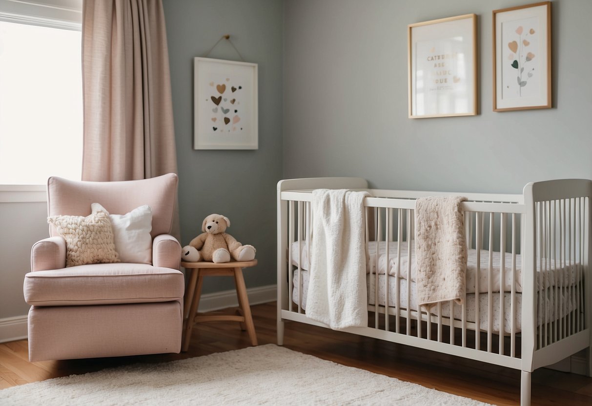 A cozy nursery with a crib, changing table, and rocking chair. A stack of parenting books sits on a shelf. Soft, soothing colors create a calming atmosphere