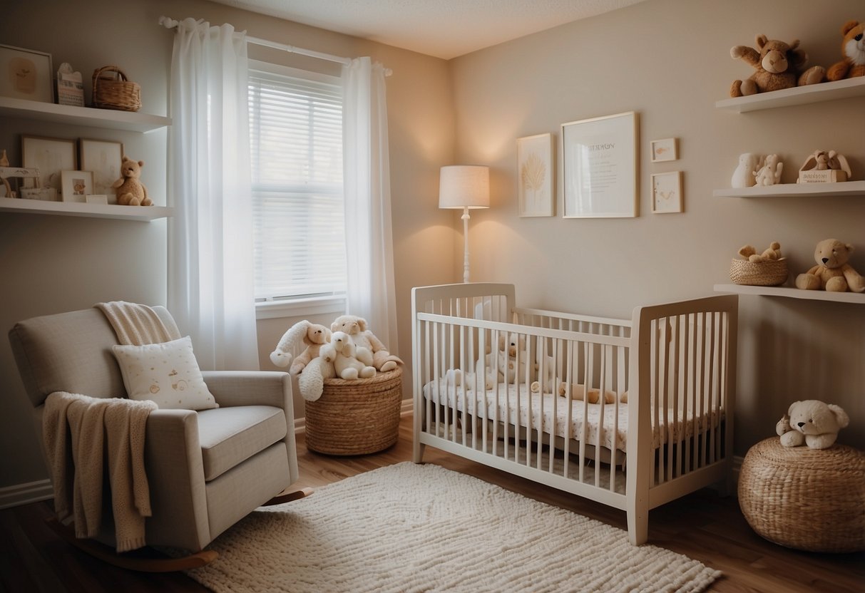 A cozy nursery with soft lighting, a rocking chair, and a crib with a snug mattress. A white noise machine hums in the background, and a shelf holds baby essentials within easy reach