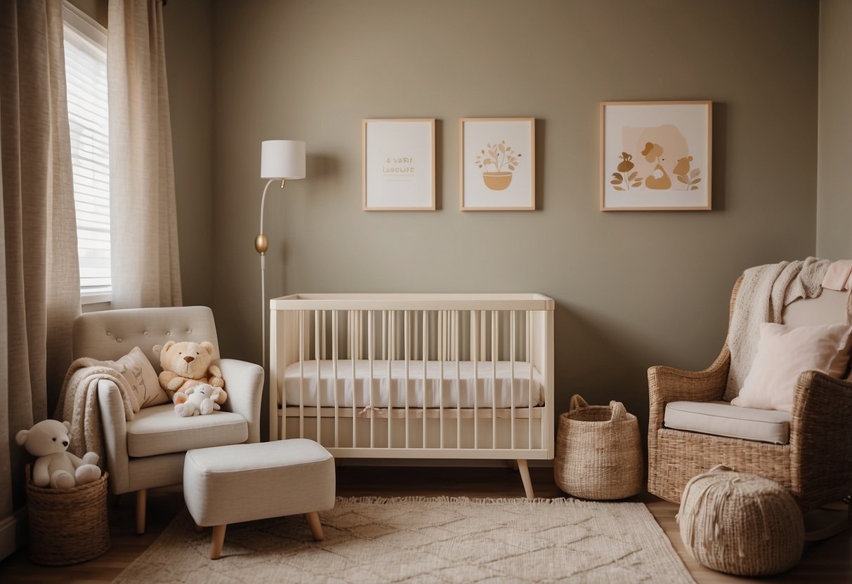 A peaceful nursery with a crib, rocking chair, and baby essentials. A warm, comforting atmosphere with soft lighting and soothing colors