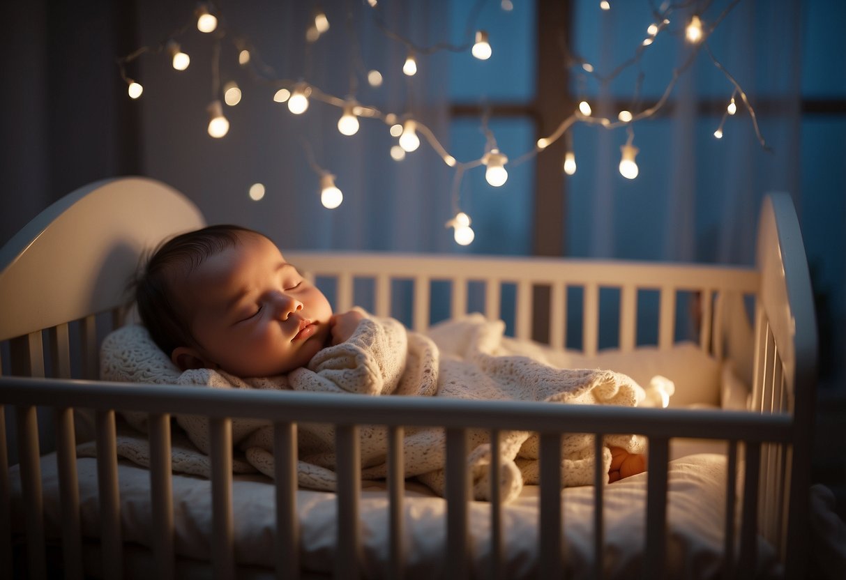 A baby lies peacefully in a crib, surrounded by soft white noise. A gentle glow from a nightlight illuminates the room, creating a calming atmosphere for both baby and parents