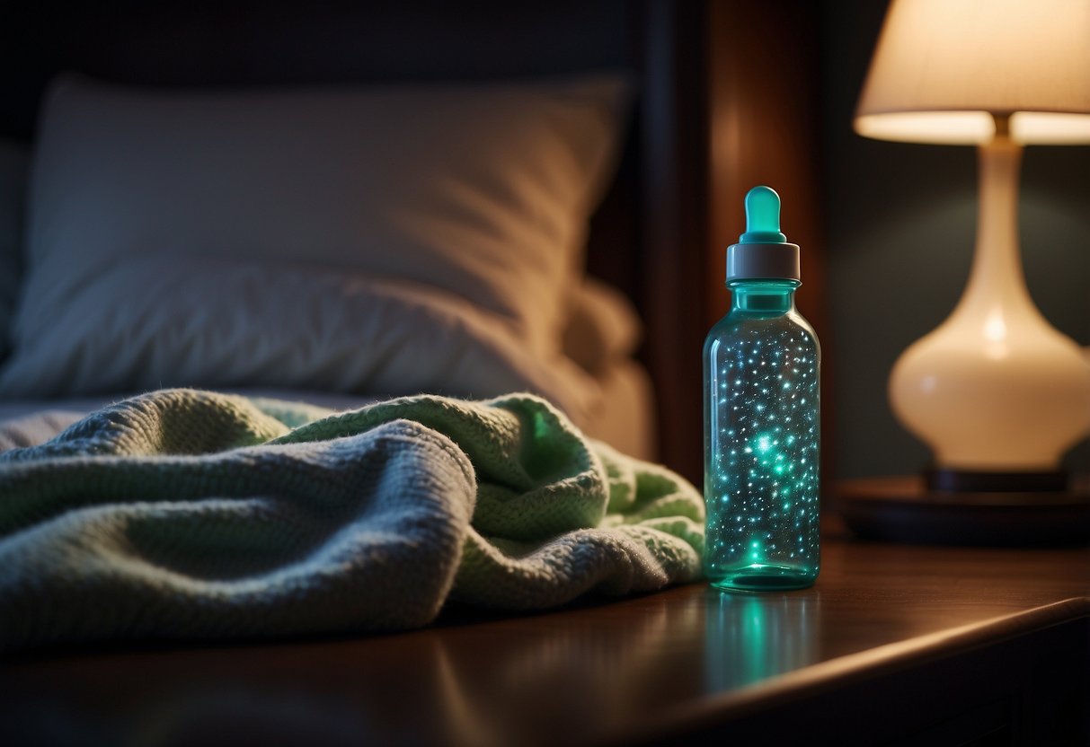 A baby bottle and blanket on a nightstand, a dimly lit room, a soothing lullaby playing in the background