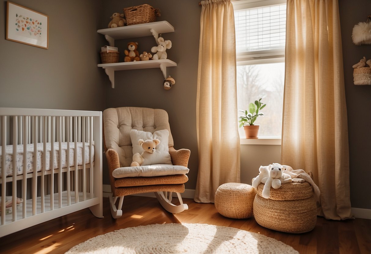 A cozy nursery with a rocking chair, baby crib, and shelves of baby books and toys. Sunlight streams in through the window, casting a warm glow over the room