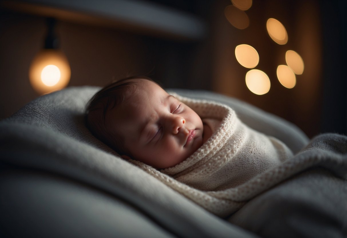 A peaceful newborn sleeps in a cozy crib, surrounded by soft blankets and dim lighting. The room is quiet, with a gentle lullaby playing in the background