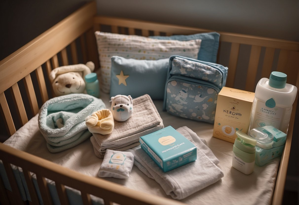 A newborn lying in a crib, surrounded by baby essentials like diapers, wipes, bottles, and a soothing mobile overhead. A book titled "Newborn Care" sits on the nightstand